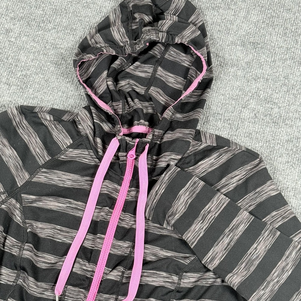 Lukka Jacket Womens Large Black Gray Striped Hooded Full Zip Pink Trim Athletic